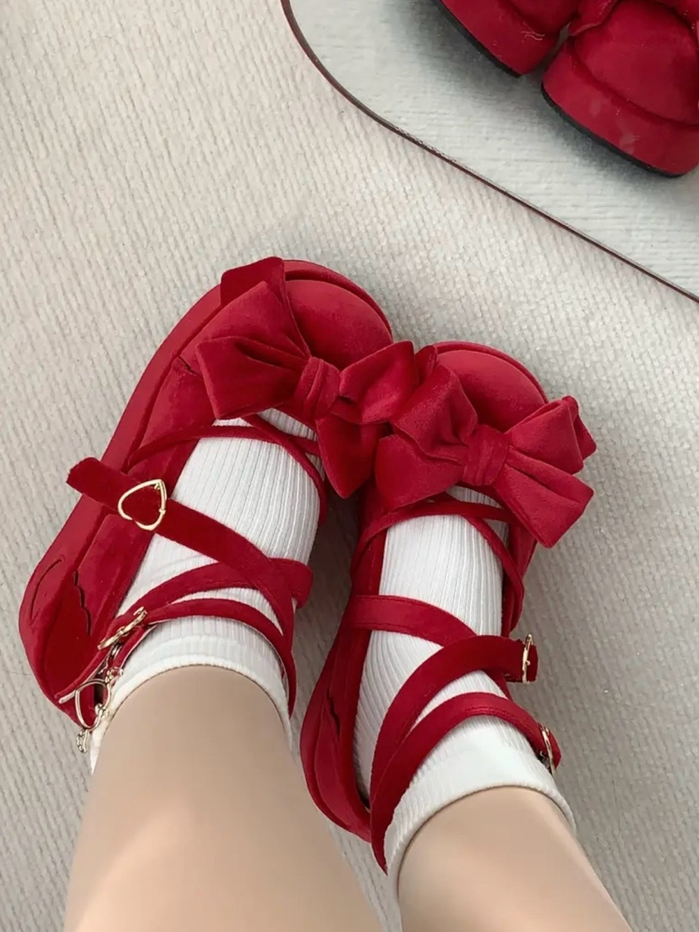 Raccoon Red Velvet Lolita Platform Mary Janes Heart Buckle Bow Shoes Size 37 / 7